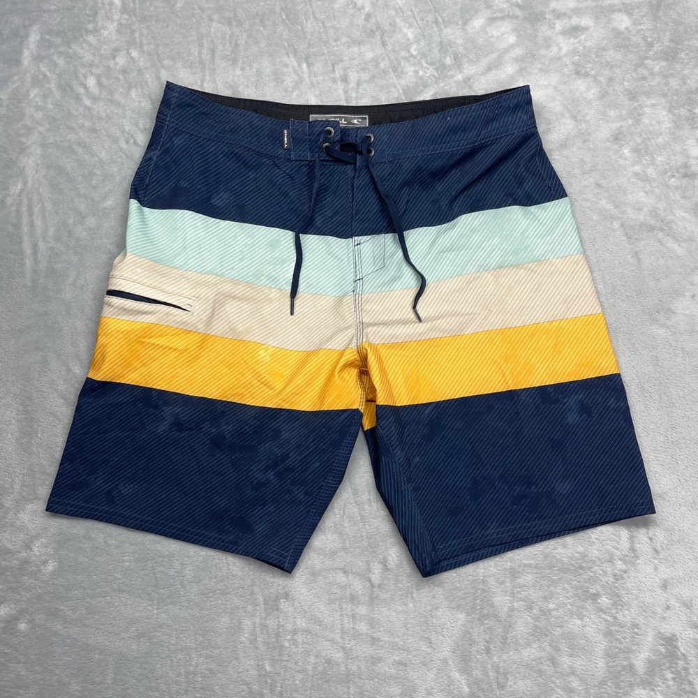 ONeill Hyperfreak Board Shorts Mens 32 Navy Blue Striped Floral Swim Trunks